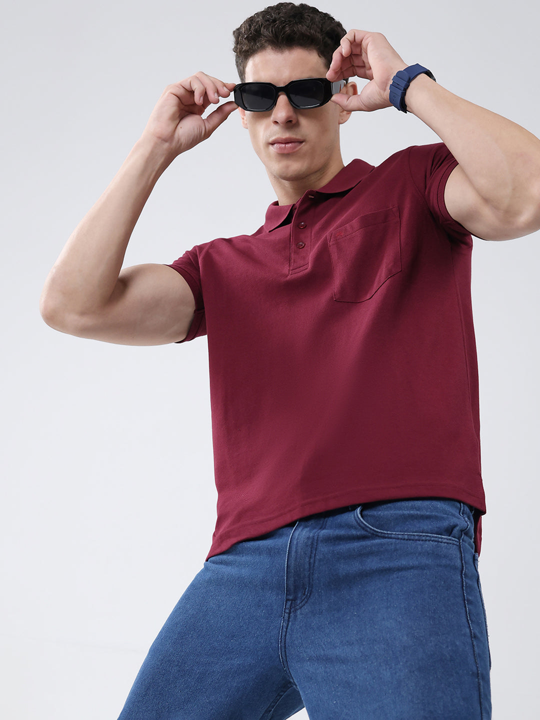 Men Maroon Solid Collar Half Sleeve T-Shirt