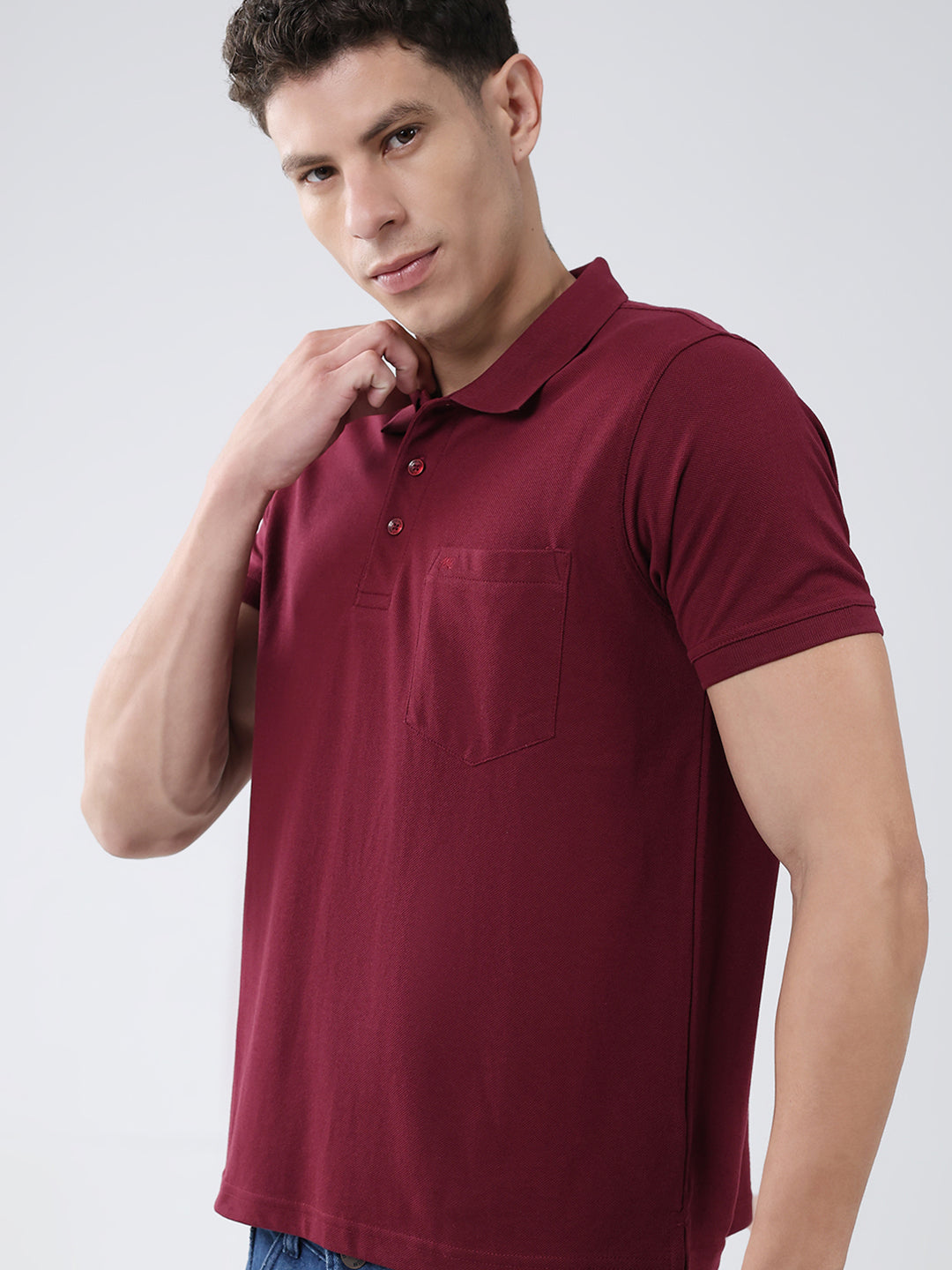 Men Maroon Solid Collar Half Sleeve T-Shirt