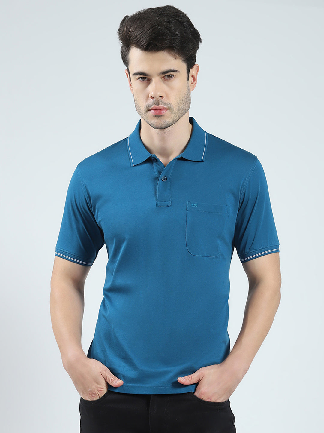 Men Teal Blue Solid Collar Half Sleeve T-Shirt