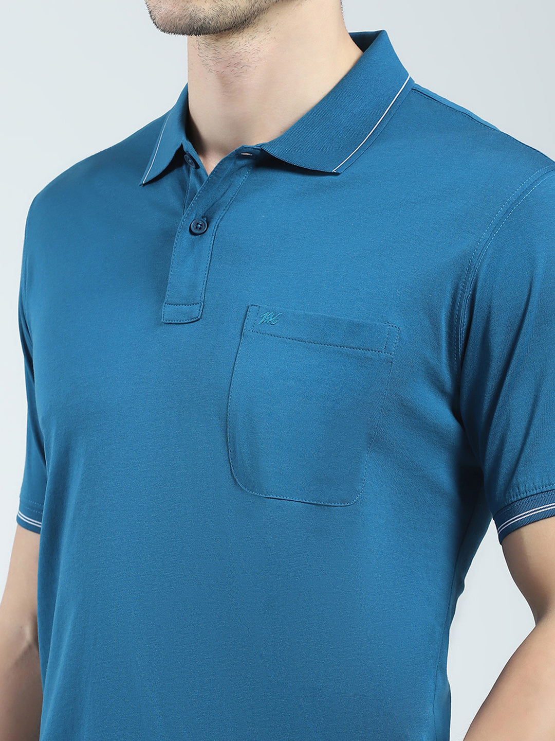 Men Teal Blue Solid Collar Half Sleeve T-Shirt