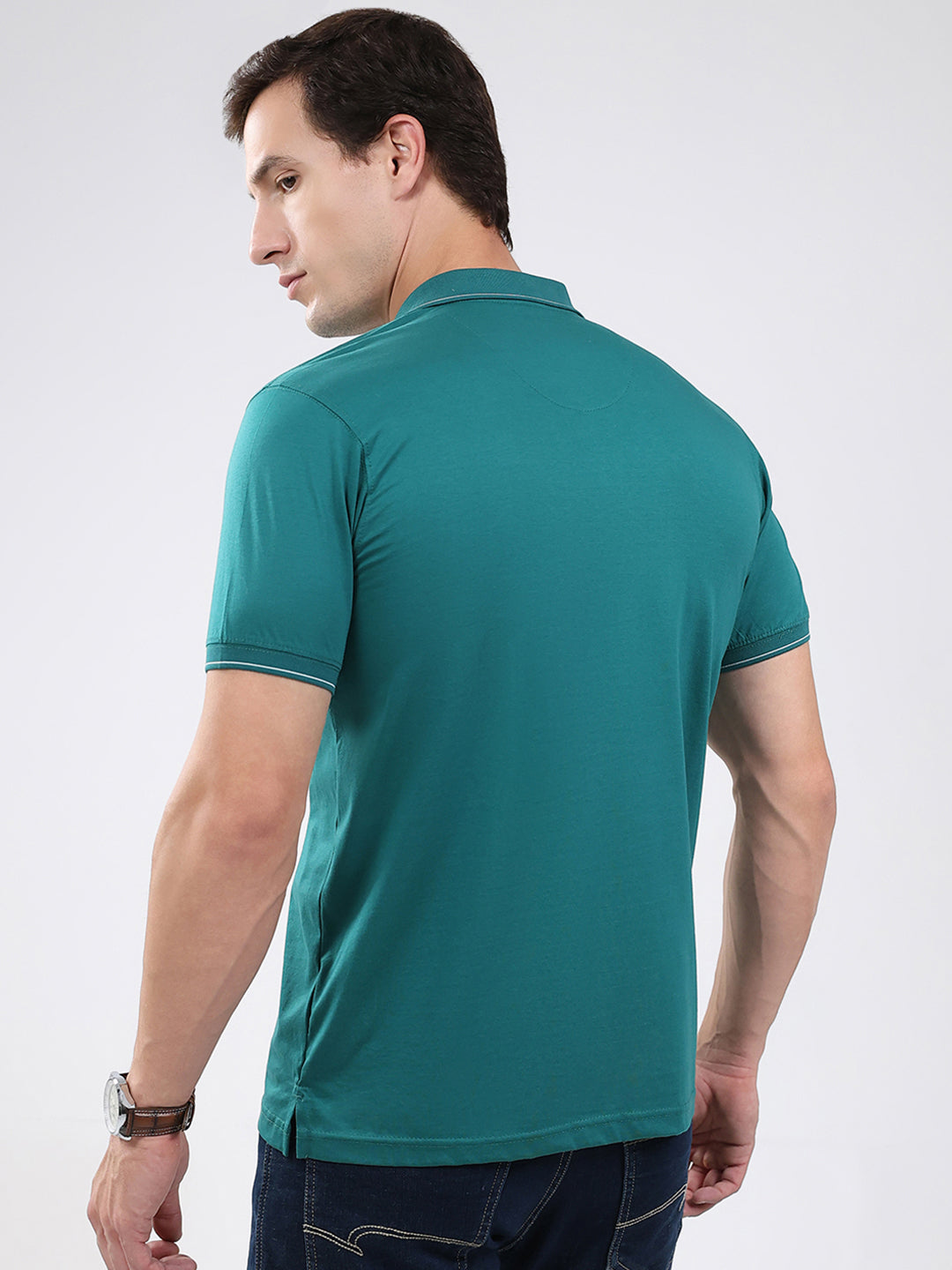 Men Green Solid Collar Half Sleeve T-Shirt