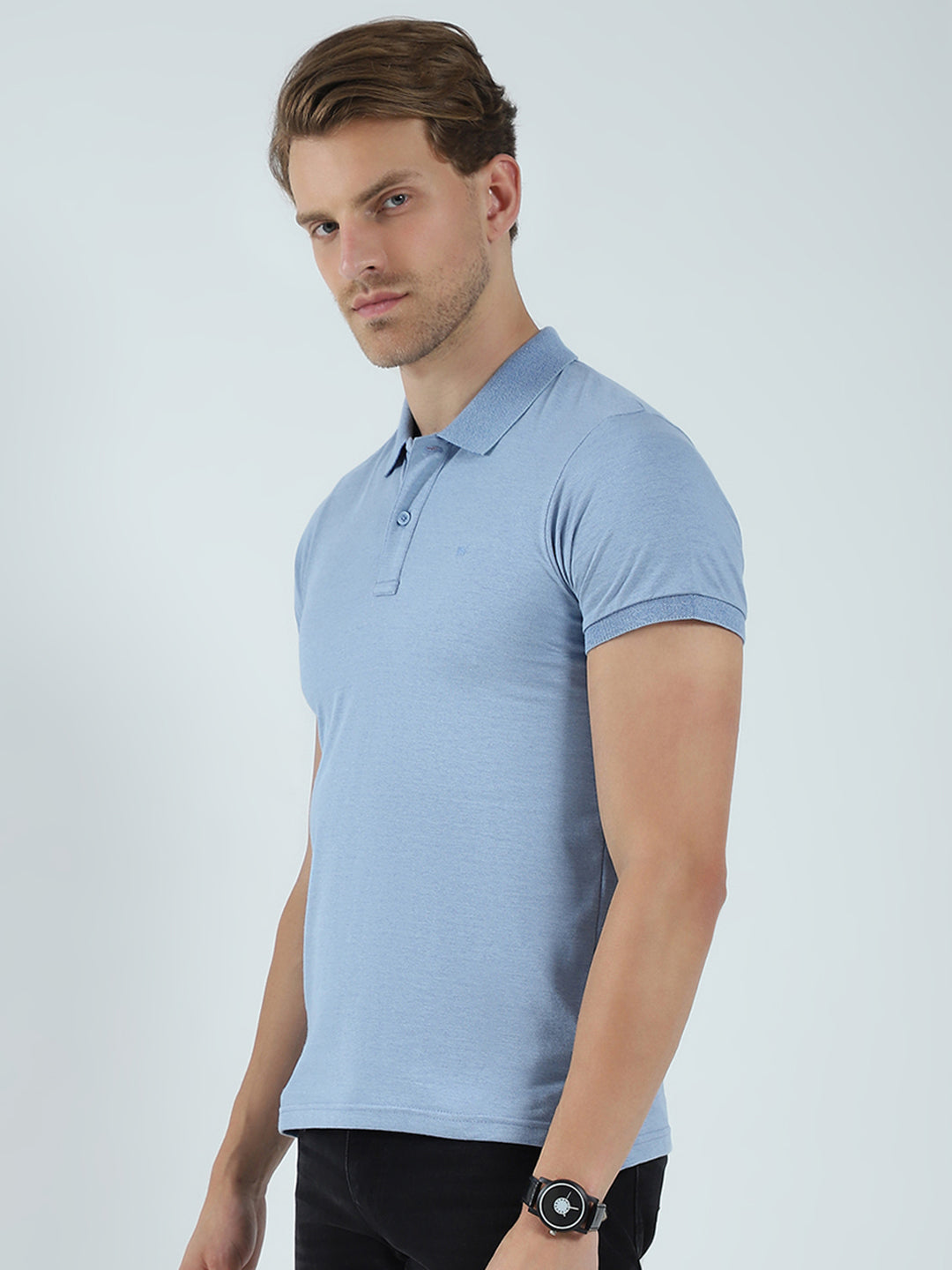Men Blue Solid Collar Half Sleeve T-Shirt