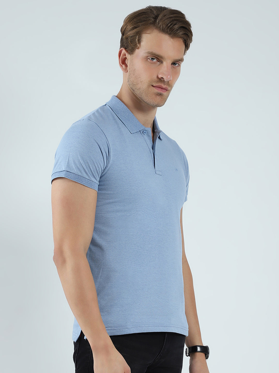 Men Blue Solid Collar Half Sleeve T-Shirt
