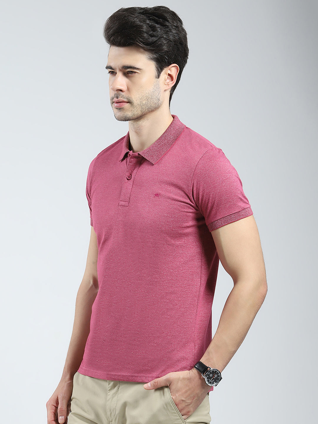 Men Pink Solid Collar Half Sleeve T-Shirt