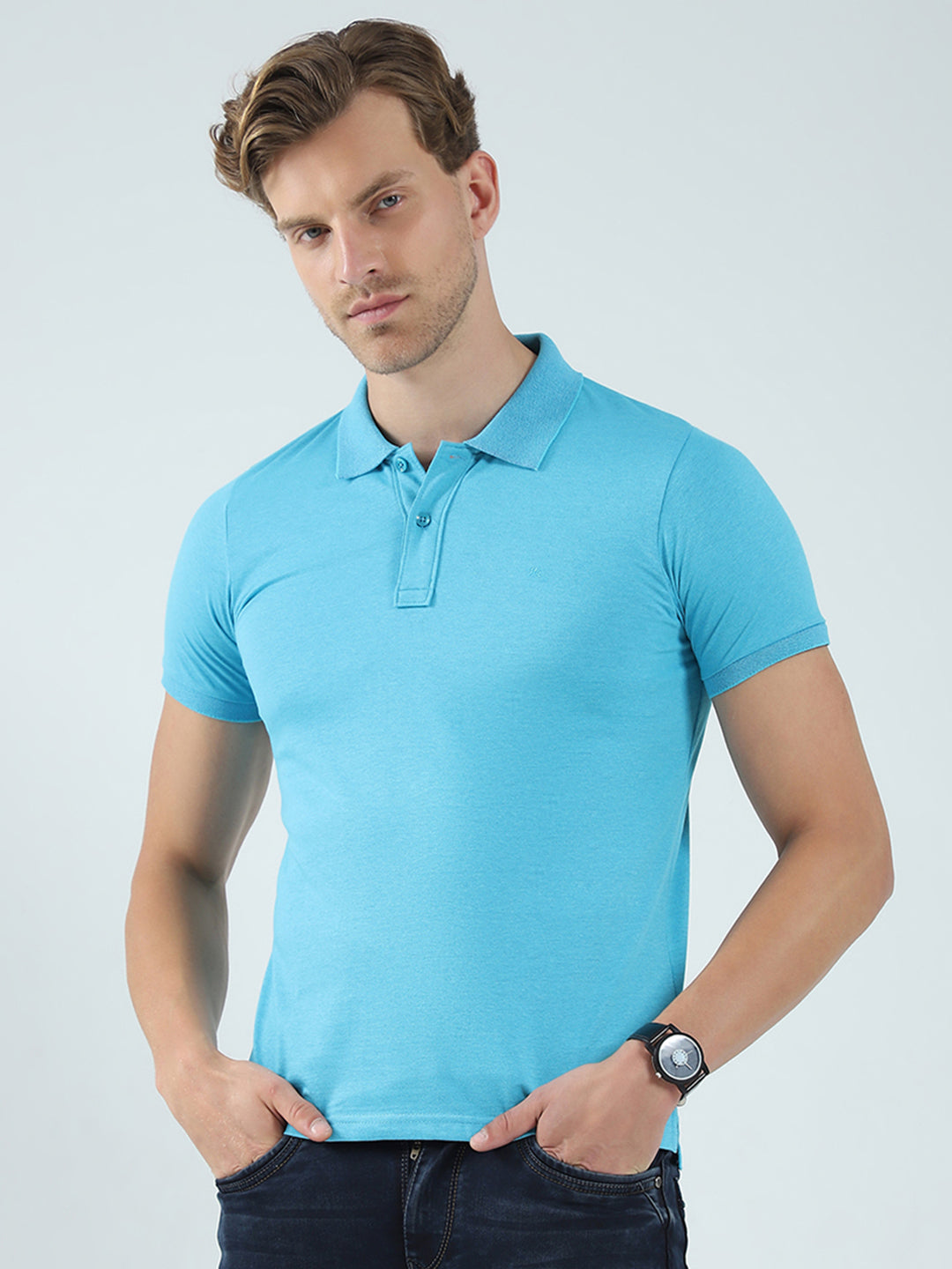Men Blue Solid Collar Half Sleeve T-Shirt
