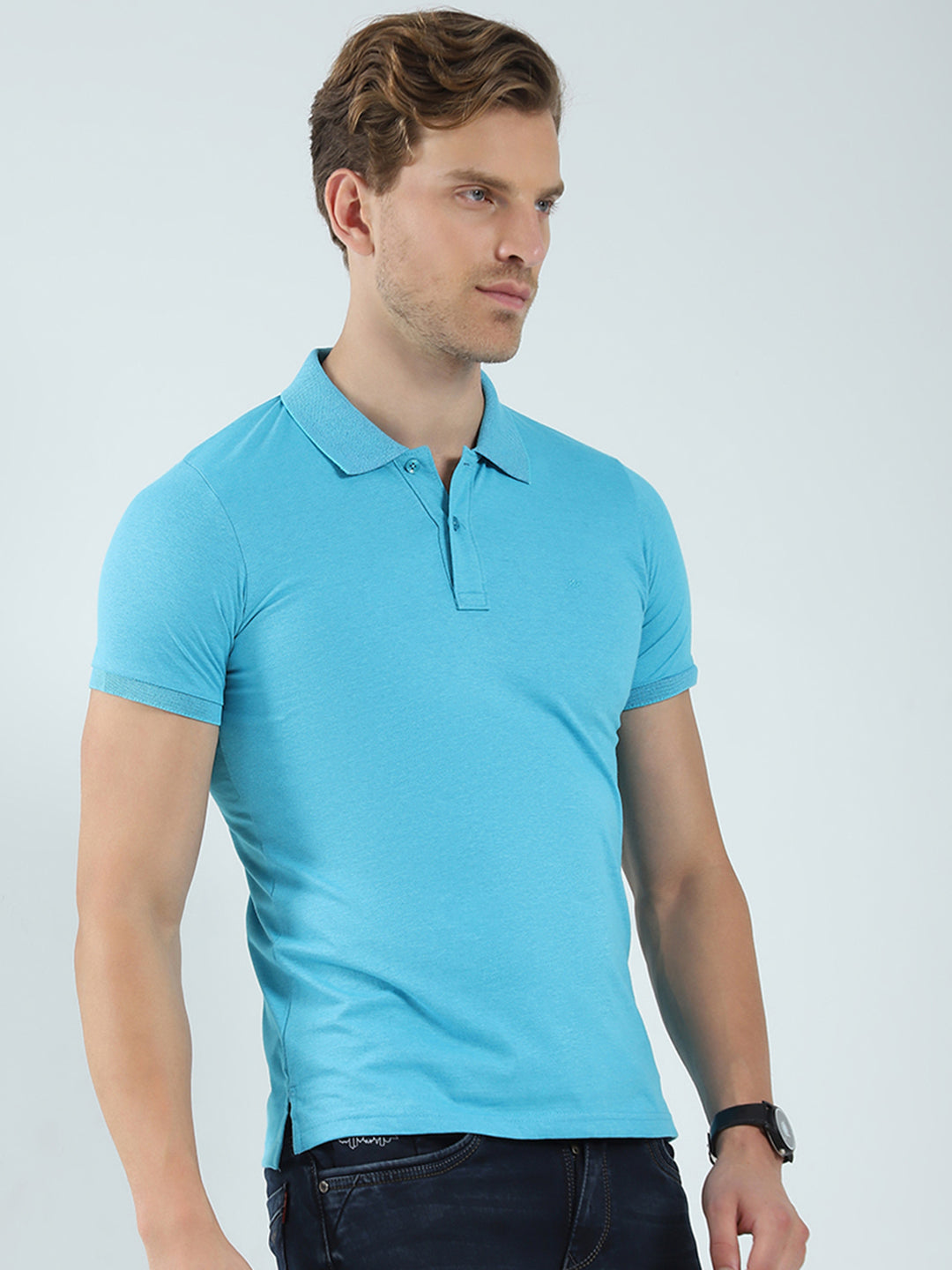 Men Blue Solid Collar Half Sleeve T-Shirt