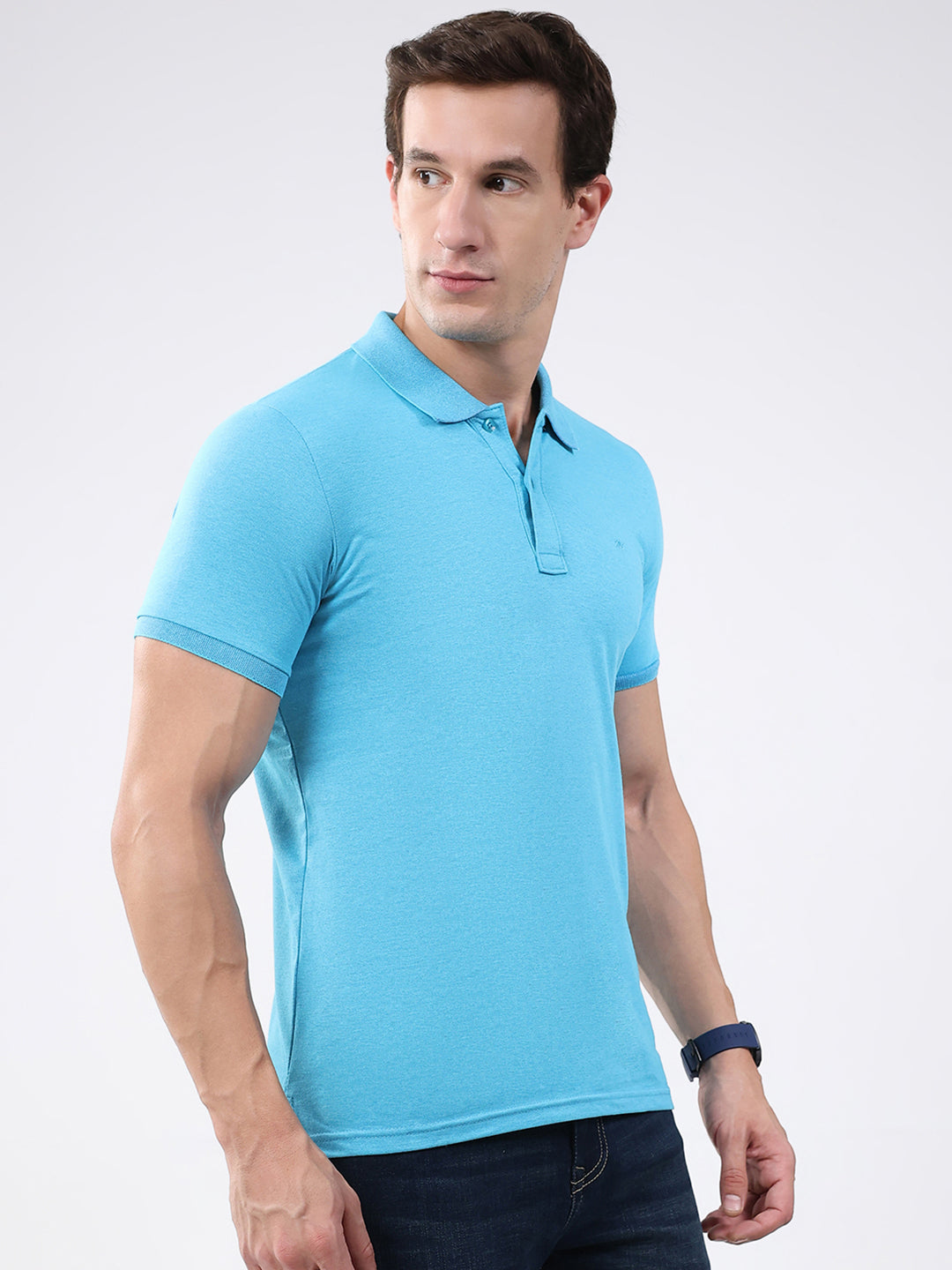 Men Blue Solid Collar Half Sleeve T-Shirt