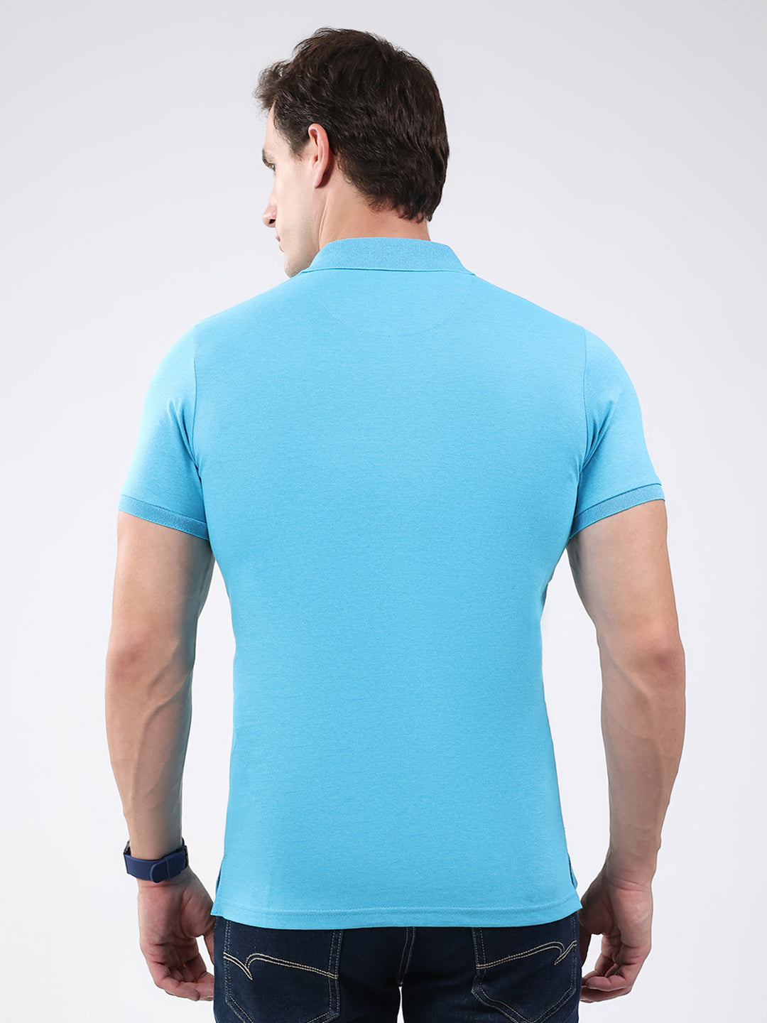Men Blue Solid Collar Half Sleeve T-Shirt