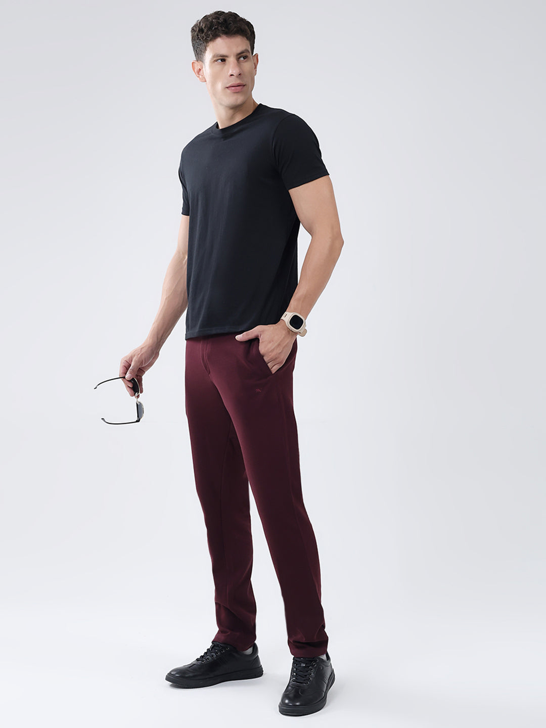 Men Maroon Solid Regular Fit Lower