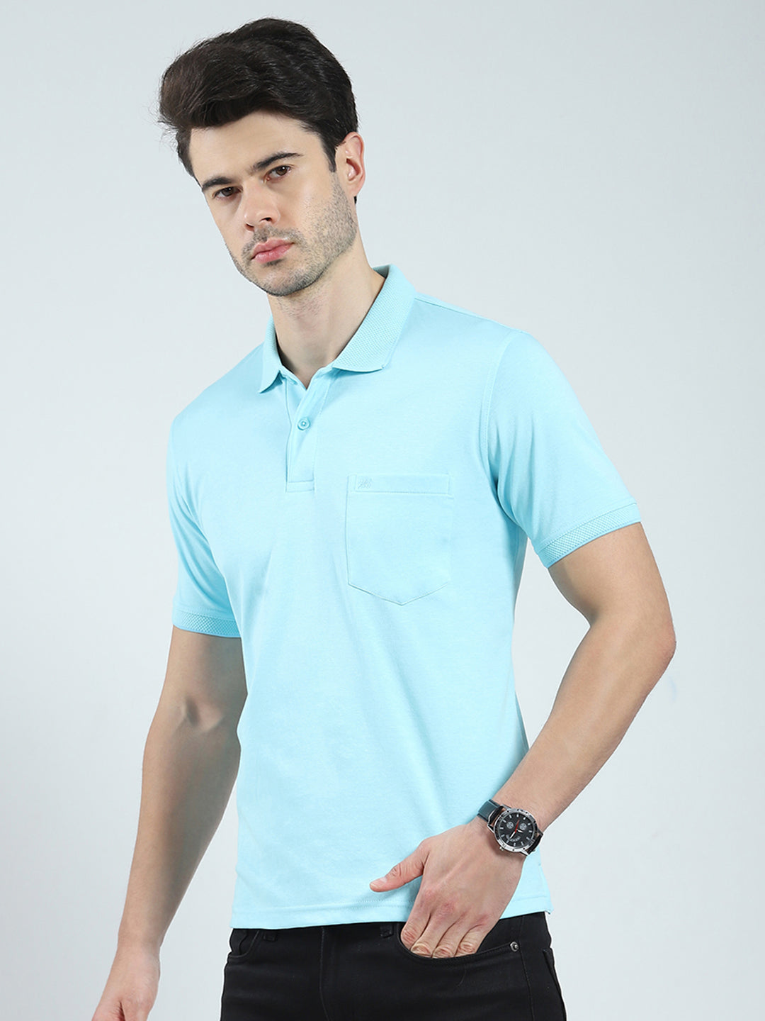 Men Blue Solid Collar Half Sleeve T-Shirt