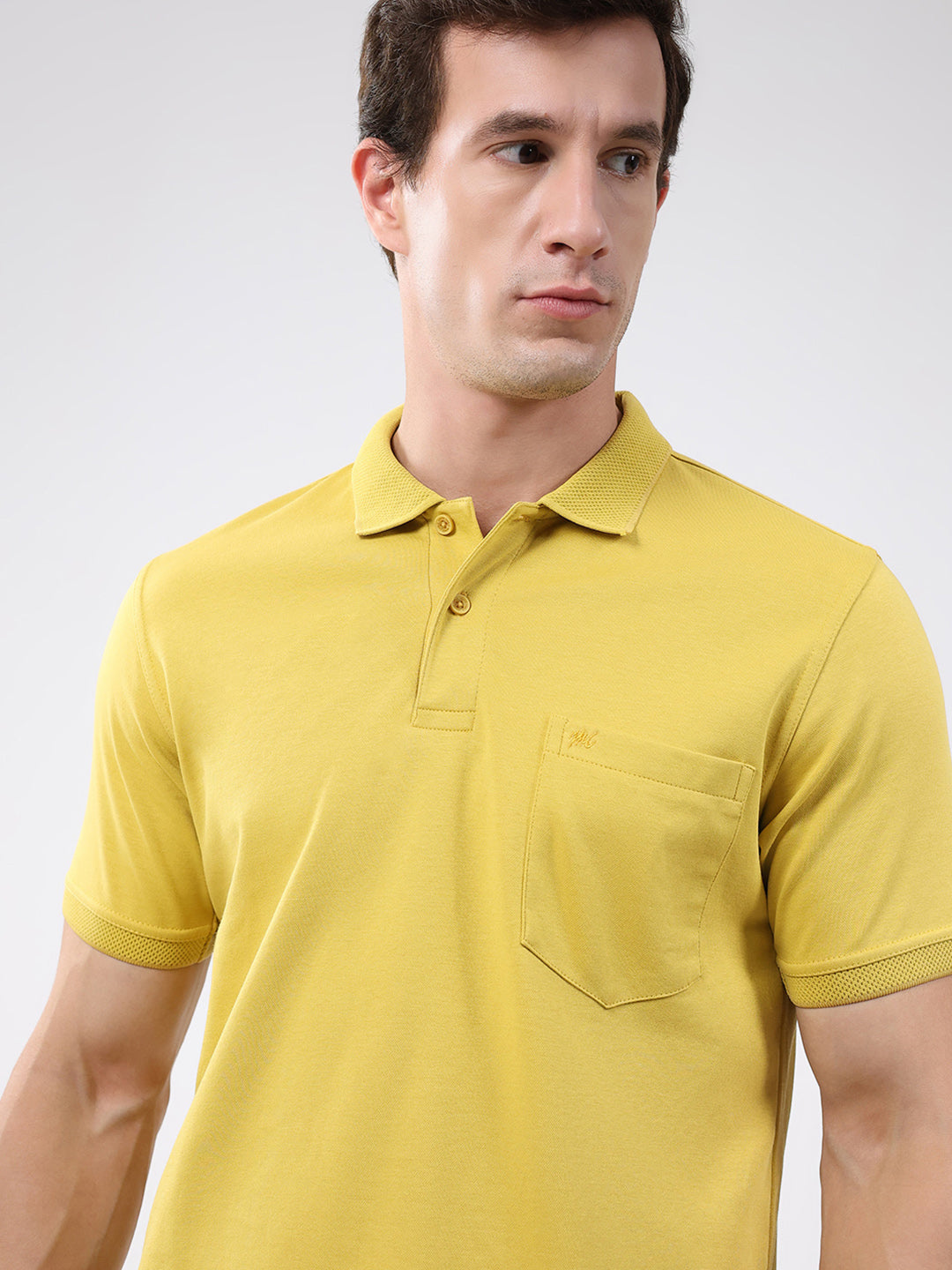 Men Mustard Solid Collar Half Sleeve T-Shirt