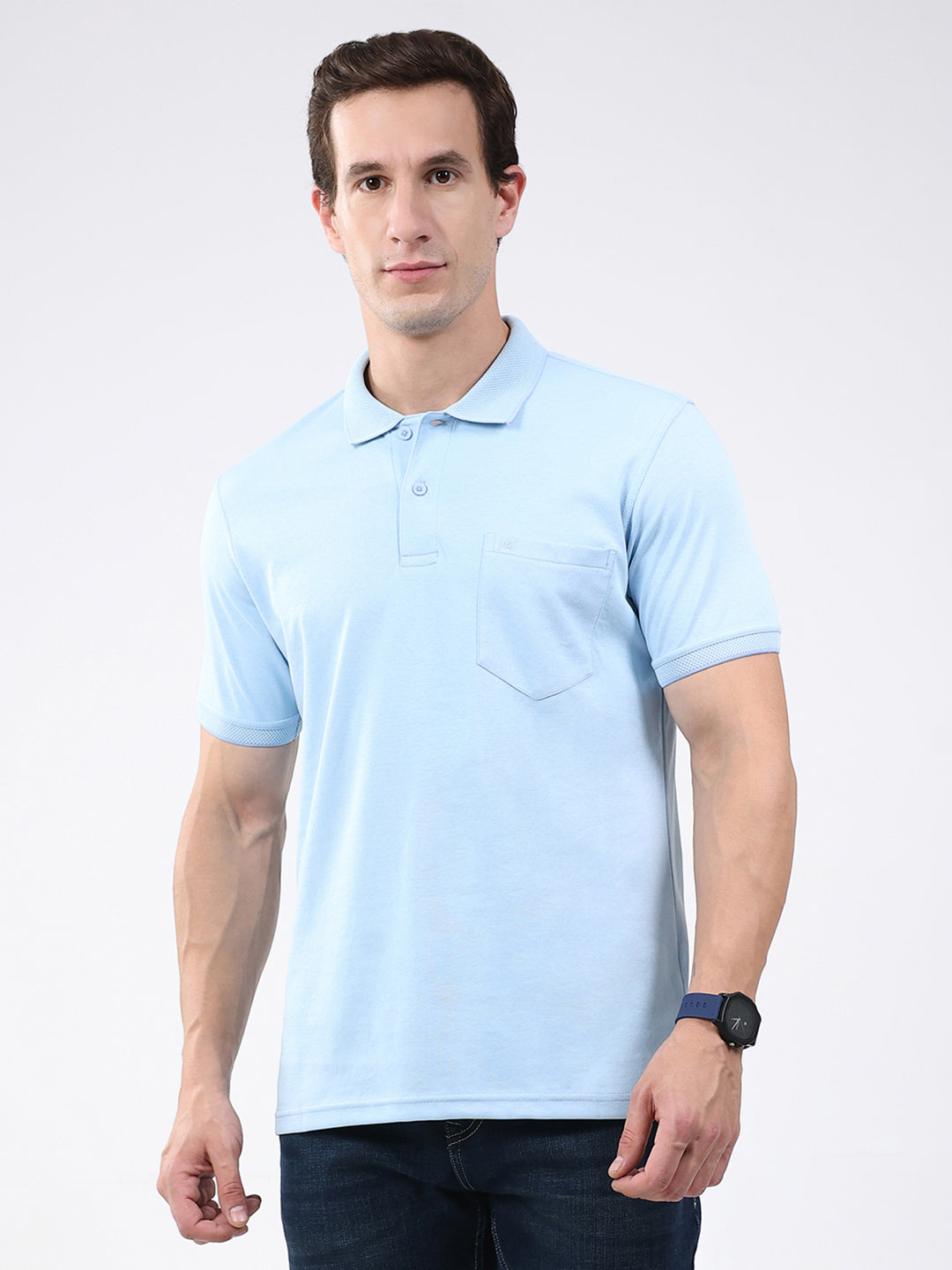 Men Sky Blue Solid Collar Half Sleeve T-Shirt