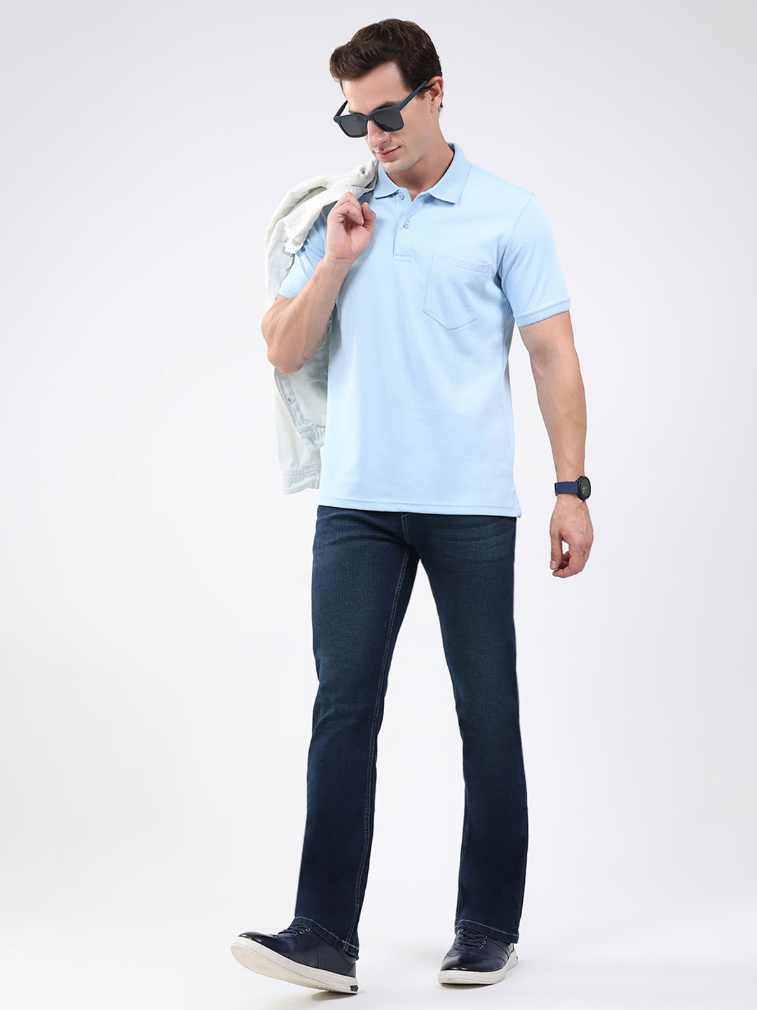 Men Sky Blue Solid Collar Half Sleeve T-Shirt