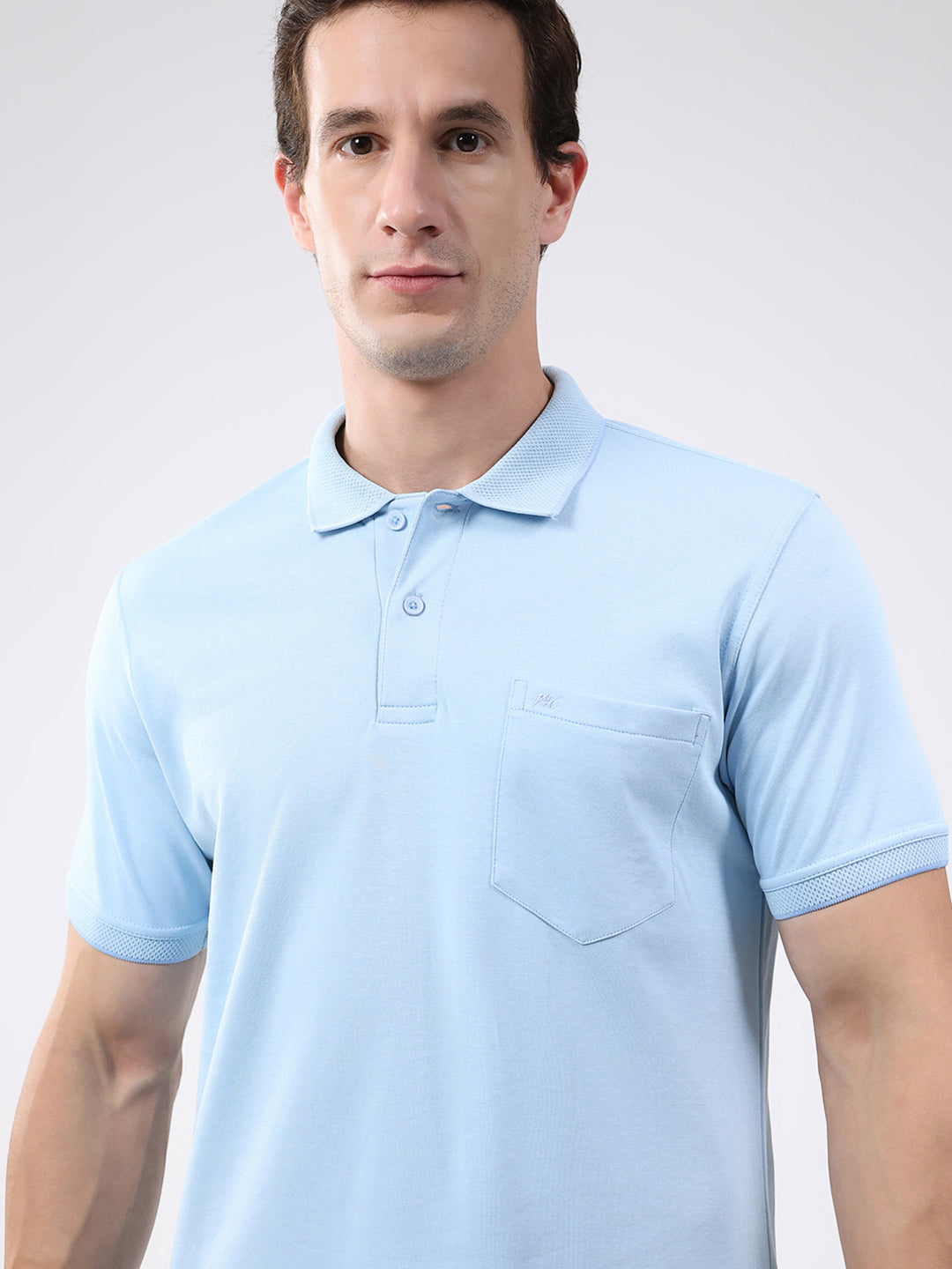 Men Sky Blue Solid Collar Half Sleeve T-Shirt