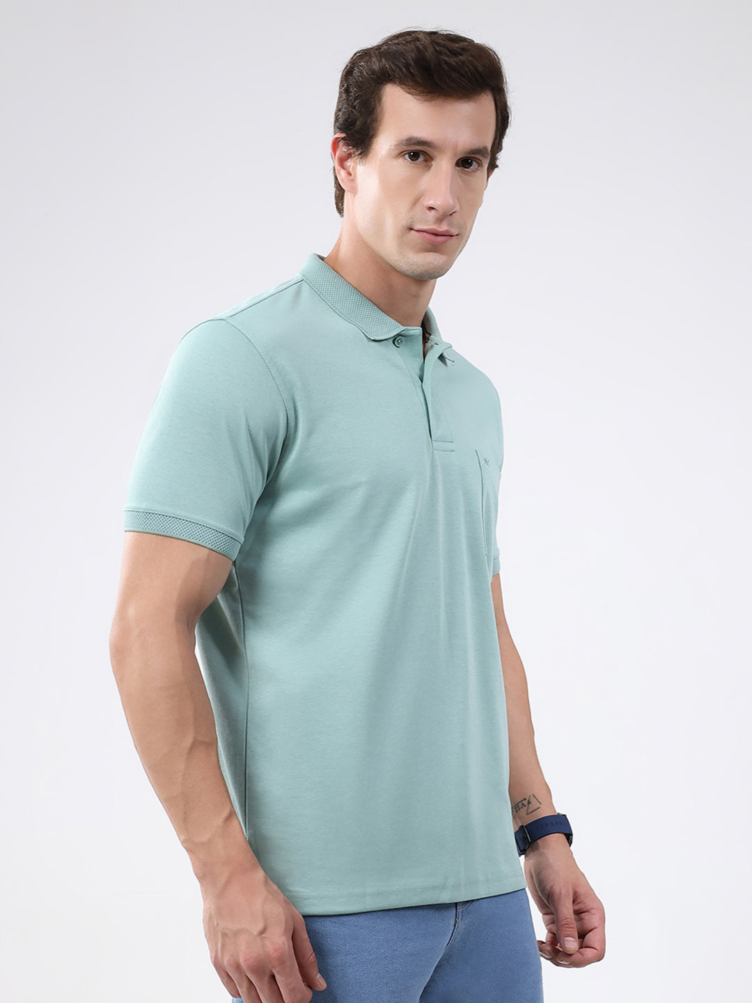 Men Sea Green Solid Collar Half Sleeve T-Shirt