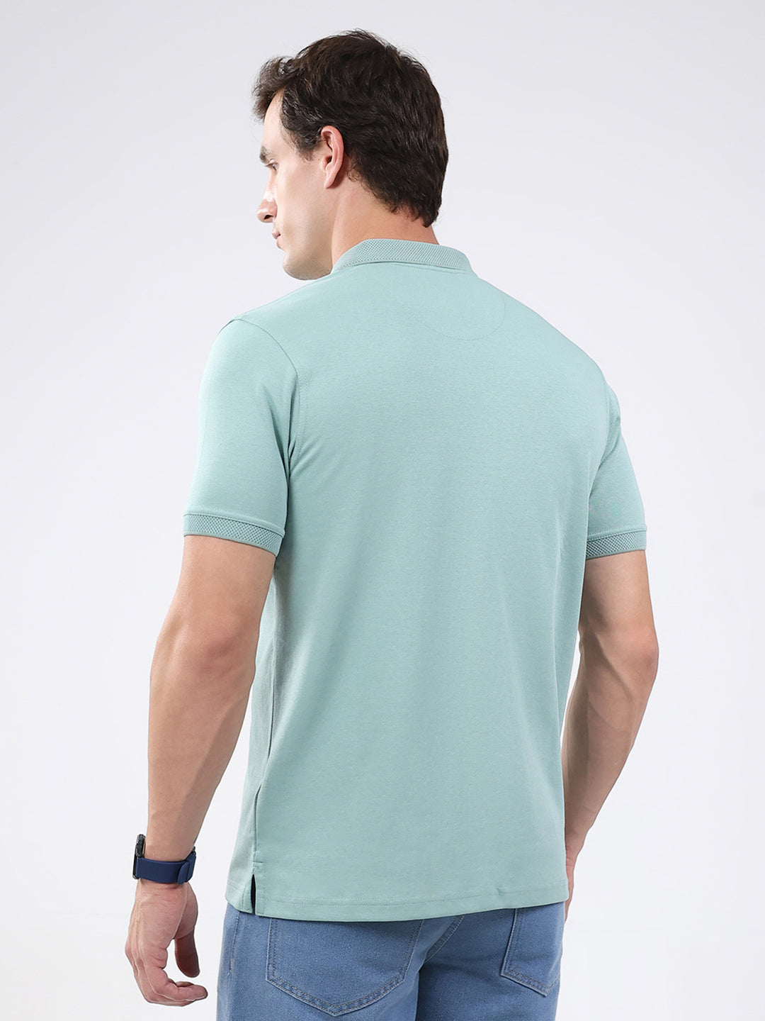 Men Sea Green Solid Collar Half Sleeve T-Shirt