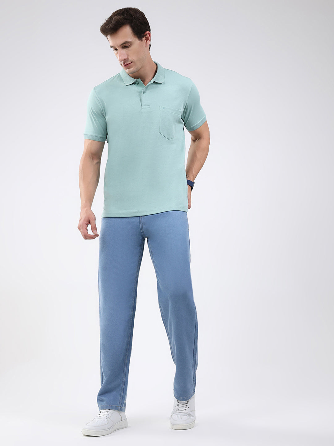 Men Sea Green Solid Collar Half Sleeve T-Shirt