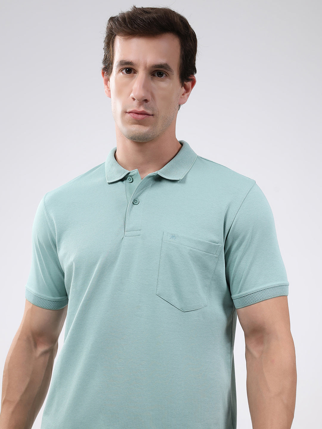 Men Sea Green Solid Collar Half Sleeve T-Shirt