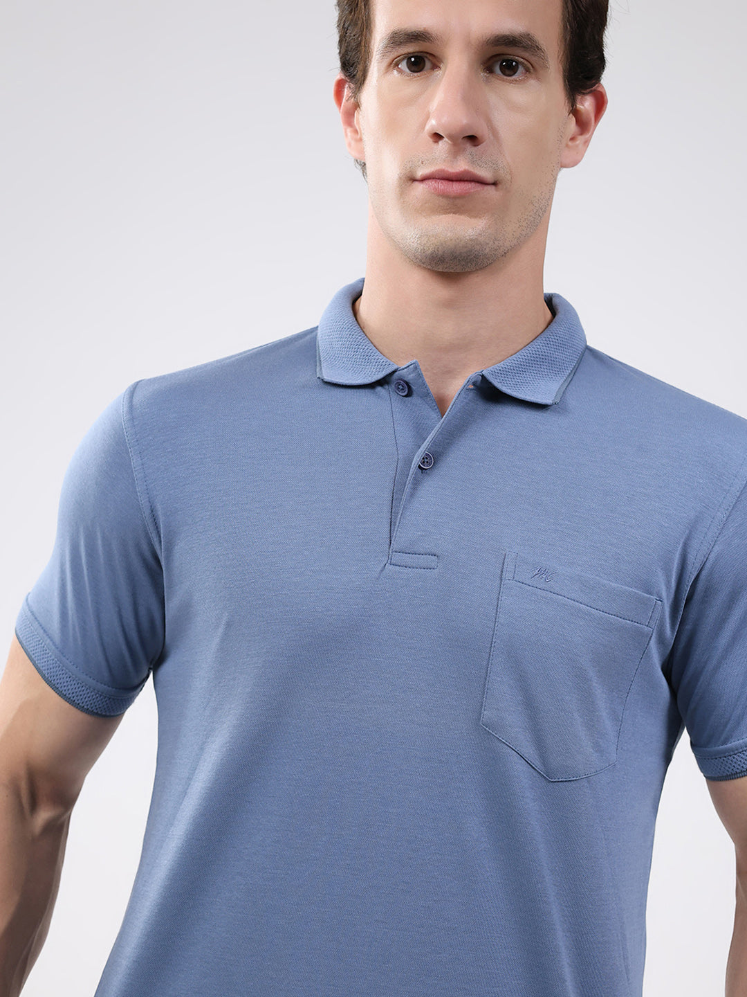 Men Blue Solid Collar Half Sleeve T-Shirt