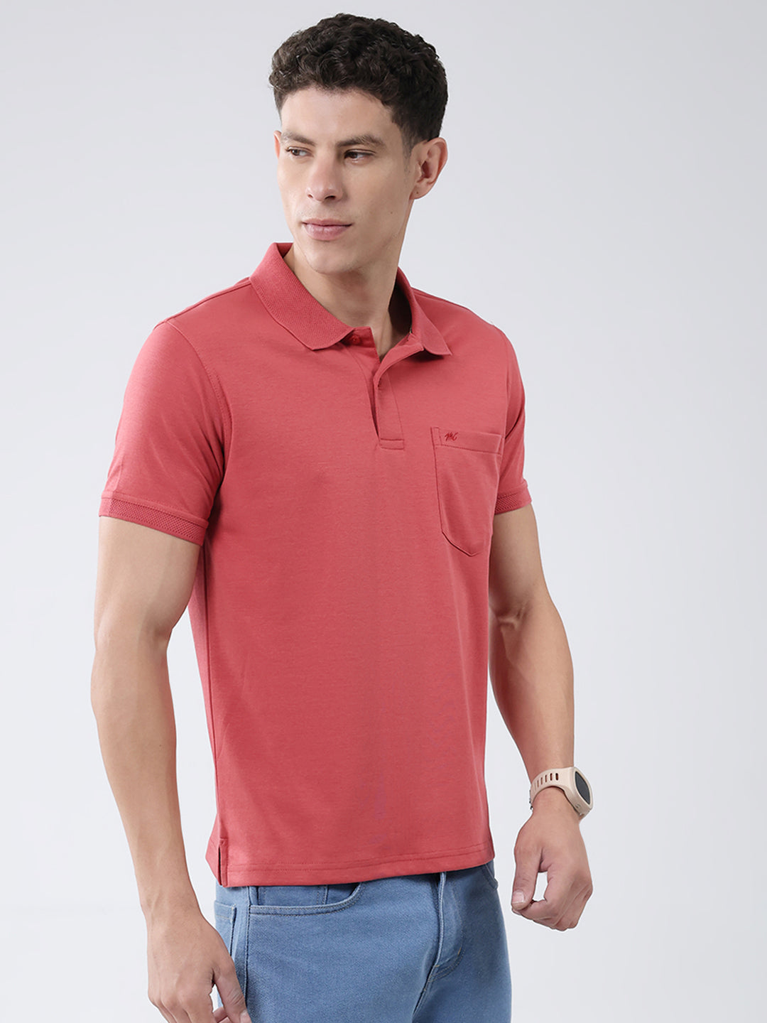 Men Coral Solid Collar Half Sleeve T-Shirt