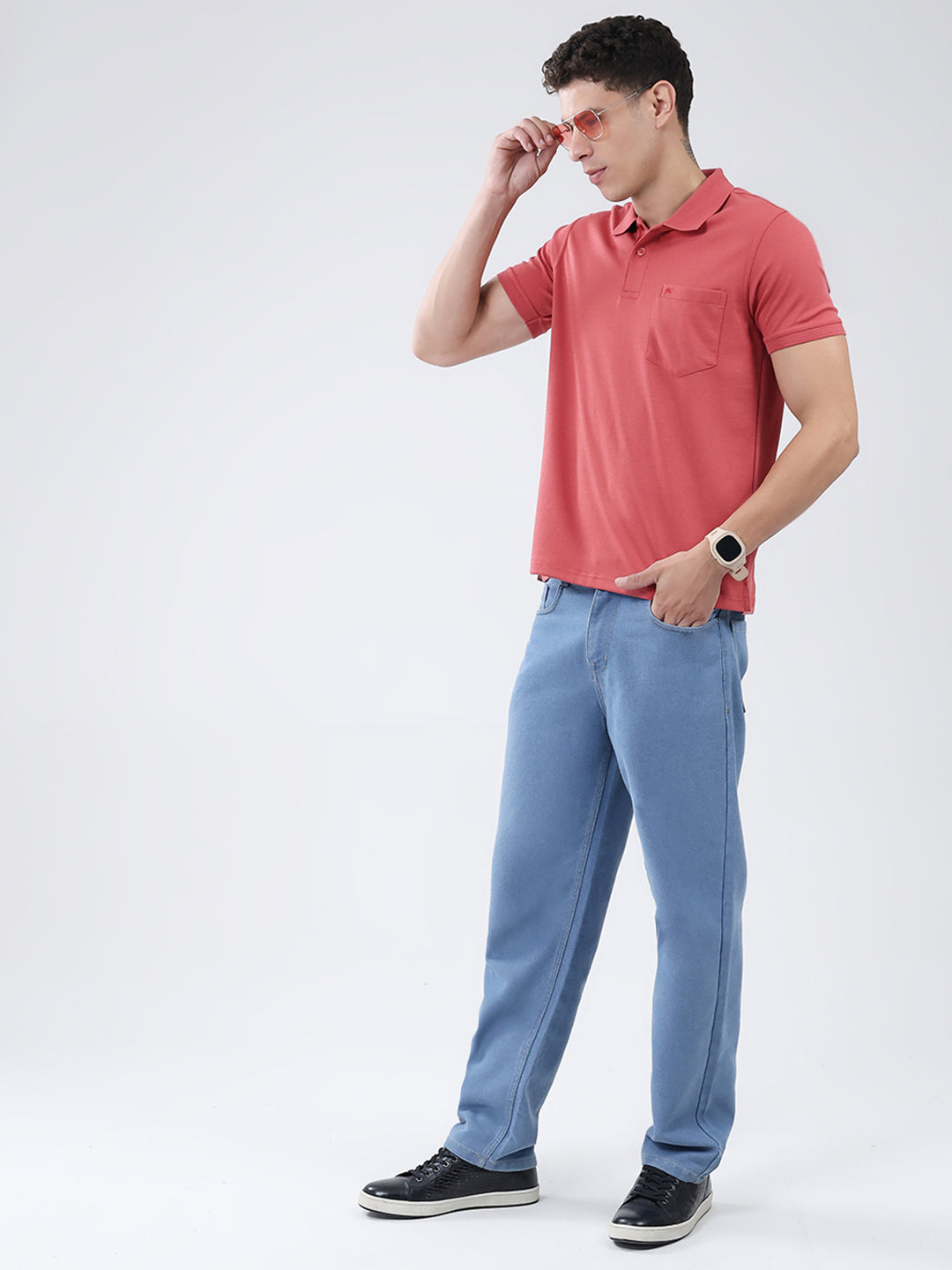 Men Coral Solid Collar Half Sleeve T-Shirt