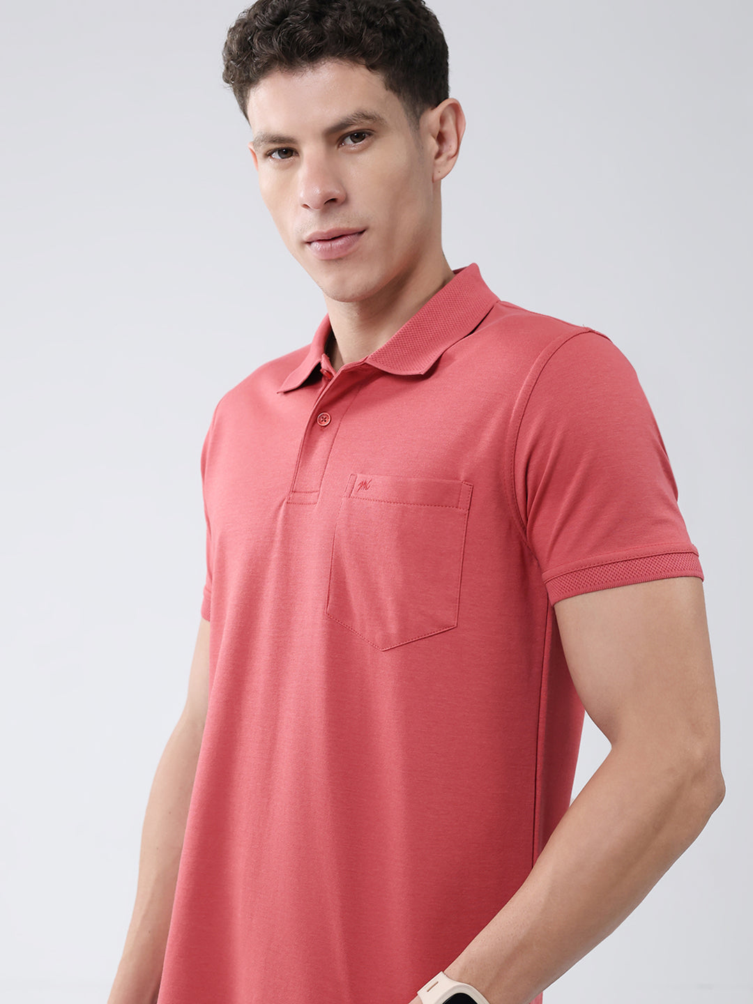 Men Coral Solid Collar Half Sleeve T-Shirt