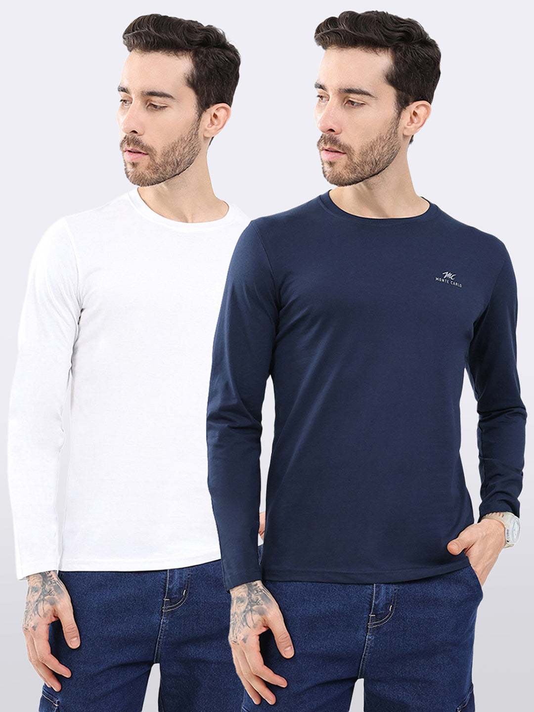 Men White & Navy Blue Solid Round Neck Full Sleeve T-Shirt (Pack of 2)