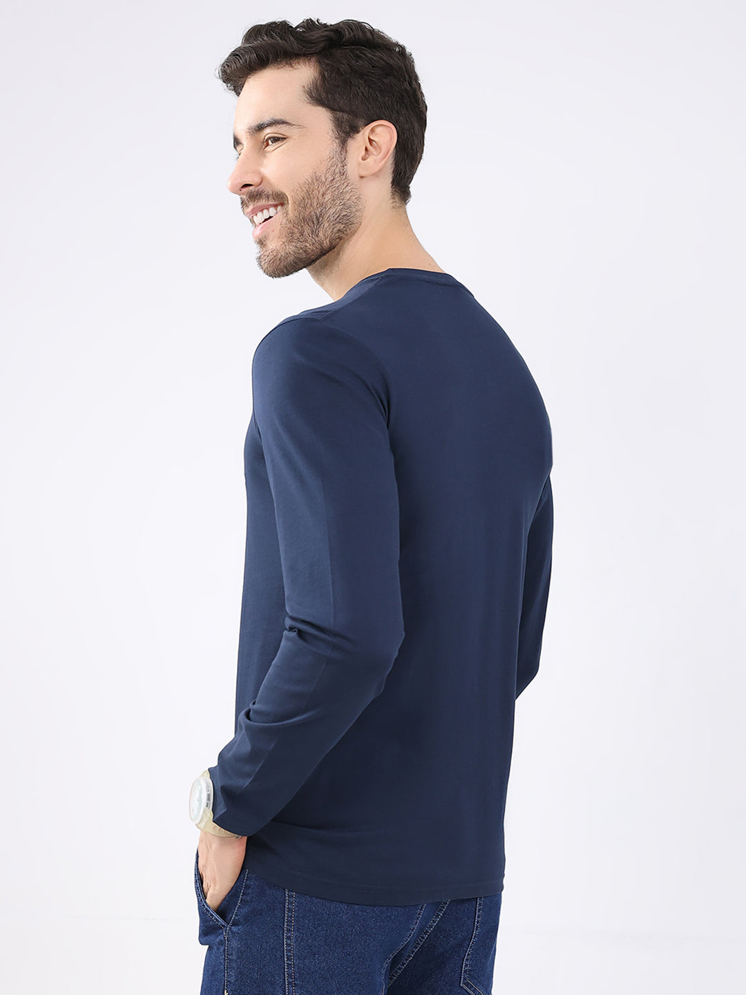 Men White & Navy Blue Solid Round Neck Full Sleeve T-Shirt (Pack of 2)