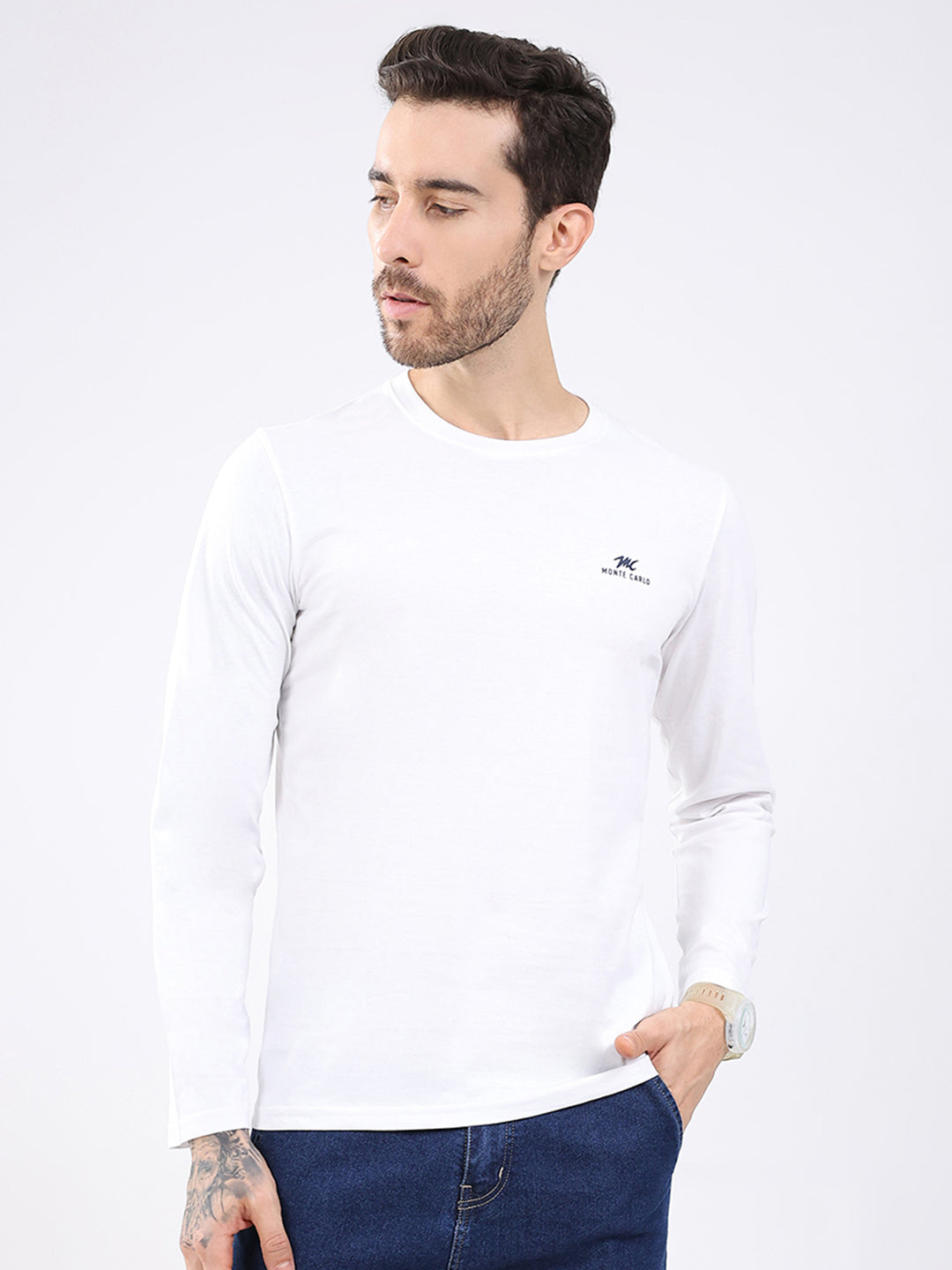 Men White & Navy Blue Solid Round Neck Full Sleeve T-Shirt (Pack of 2)