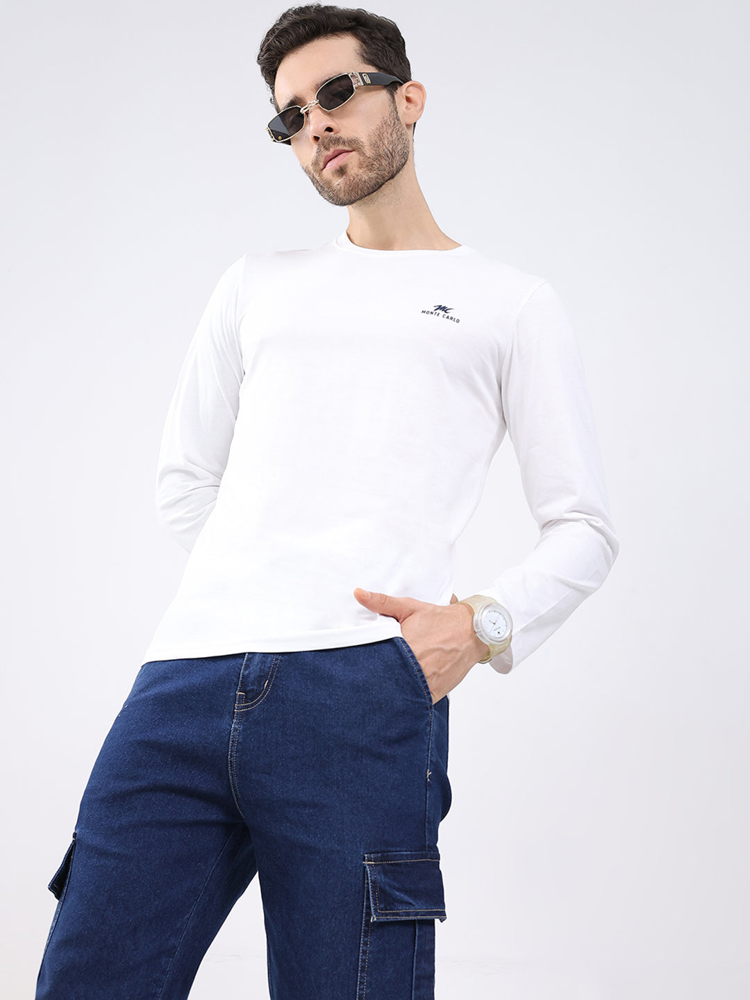 Men White & Navy Blue Solid Round Neck Full Sleeve T-Shirt (Pack of 2)