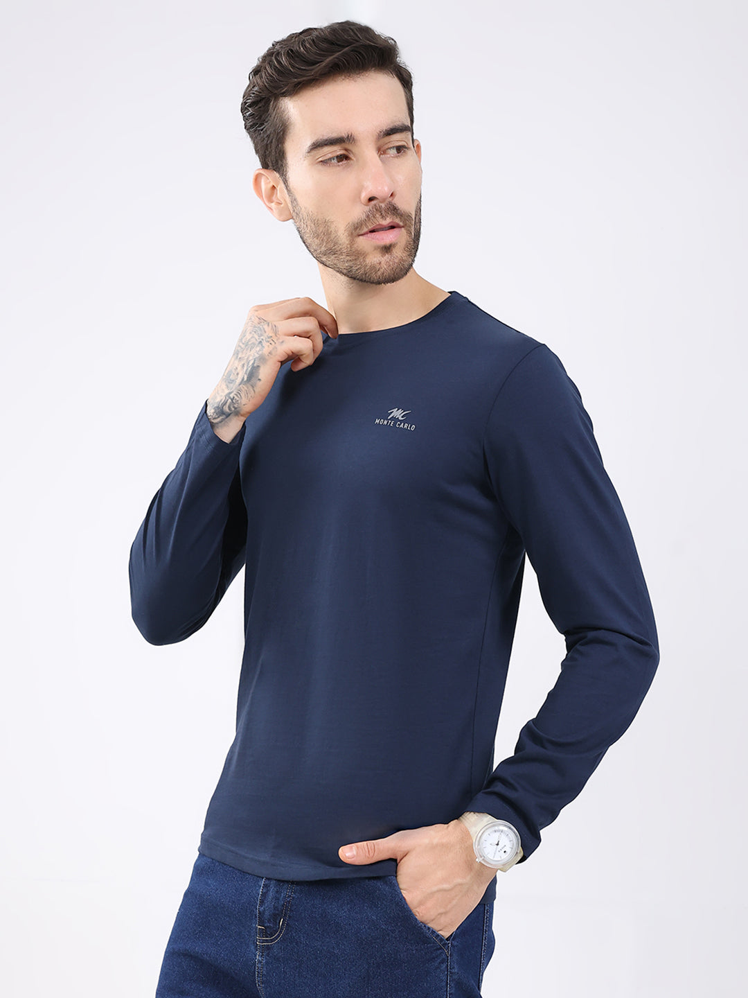 Men White & Navy Blue Solid Round Neck Full Sleeve T-Shirt (Pack of 2)