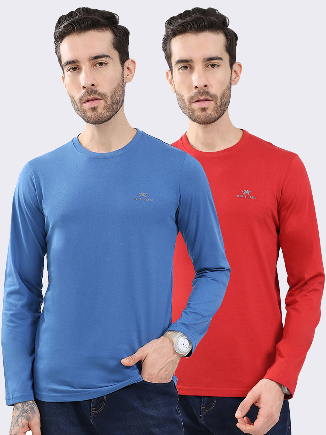Men Blue & Red Solid Round Neck Full Sleeve T-Shirt (Pack of 2)