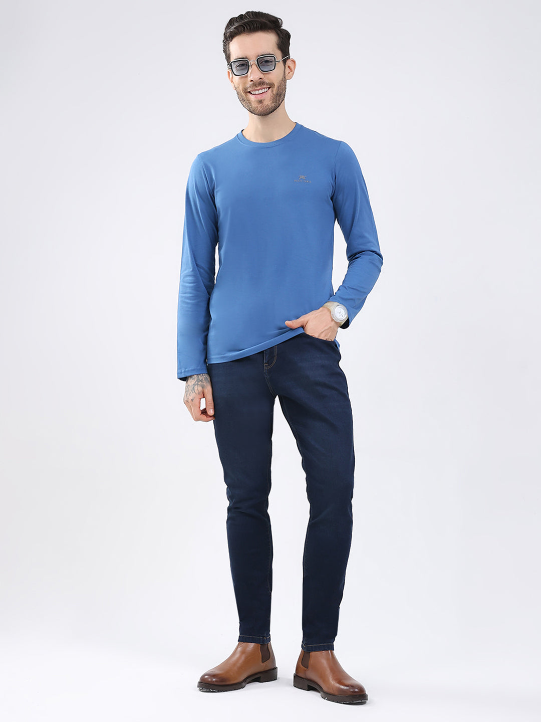 Men Blue & Red Solid Round Neck Full Sleeve T-Shirt (Pack of 2)