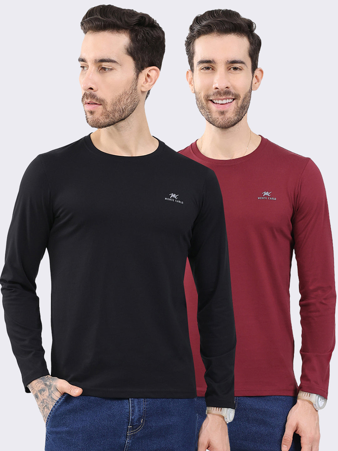 Men Black & Maroon Solid Round Neck Full Sleeve T-Shirt (Pack of 2)