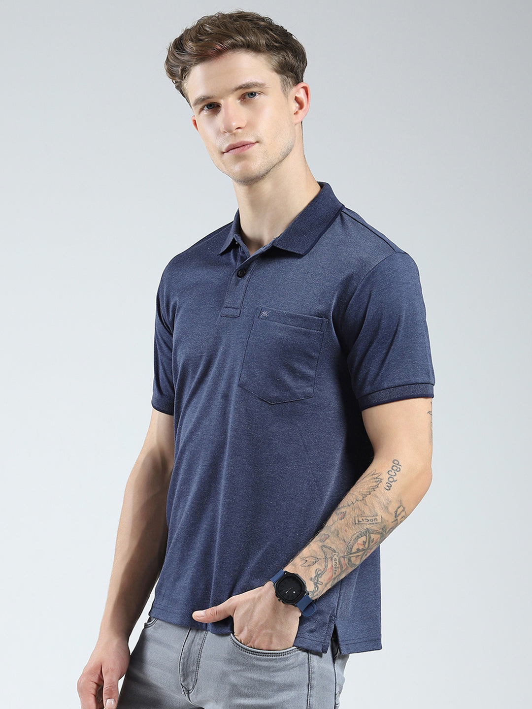 Men Navy Blue Solid Collar Half Sleeve T-Shirt