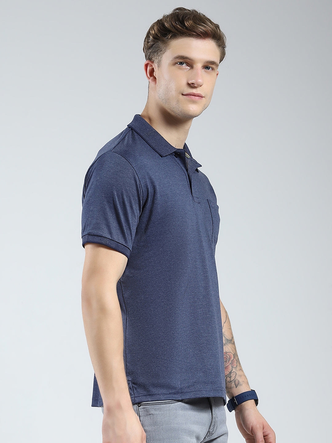 Men Navy Blue Solid Collar Half Sleeve T-Shirt