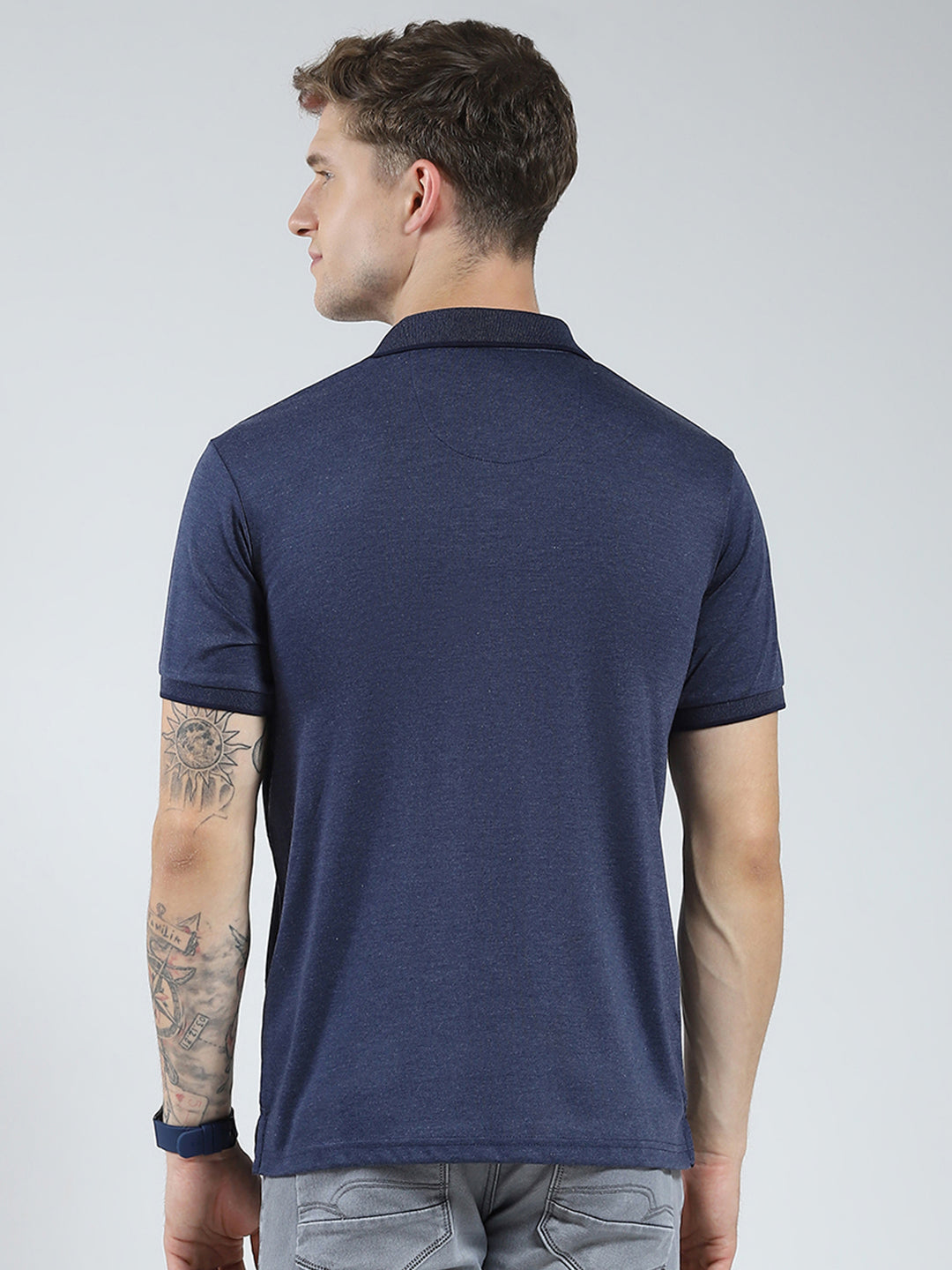 Men Navy Blue Solid Collar Half Sleeve T-Shirt