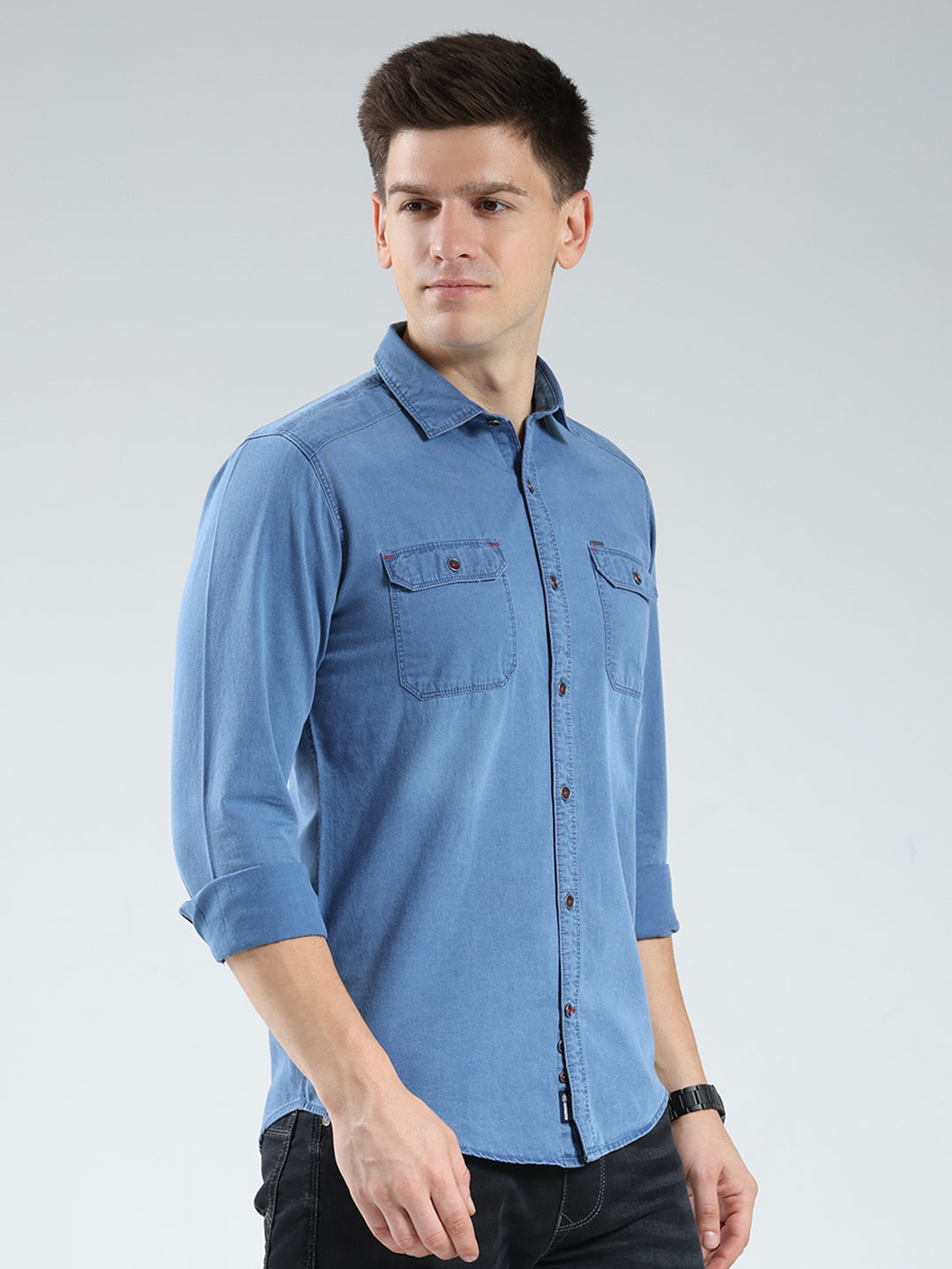 Men Blue Solid Collar Full Sleeve Shirt