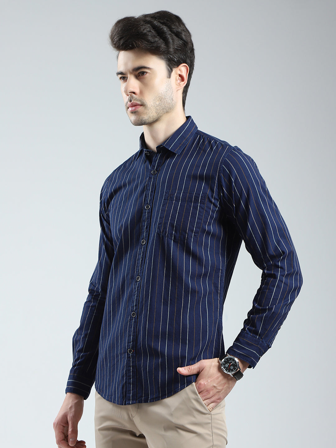 Men Navy Blue Stripe Collar Full Sleeve Shirt