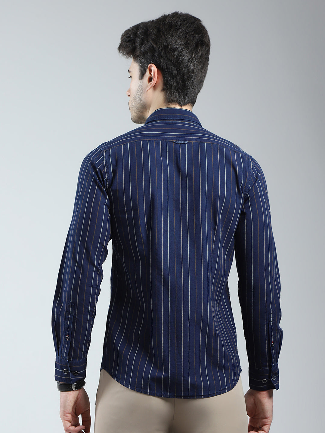 Men Navy Blue Stripe Collar Full Sleeve Shirt