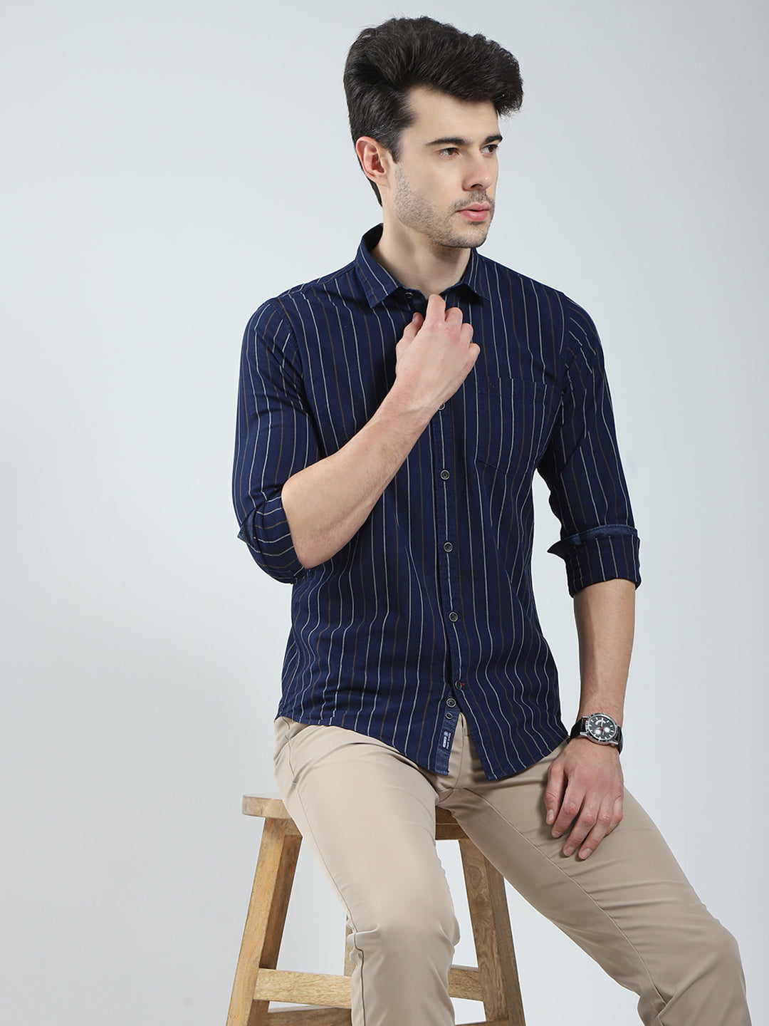 Men Navy Blue Stripe Collar Full Sleeve Shirt