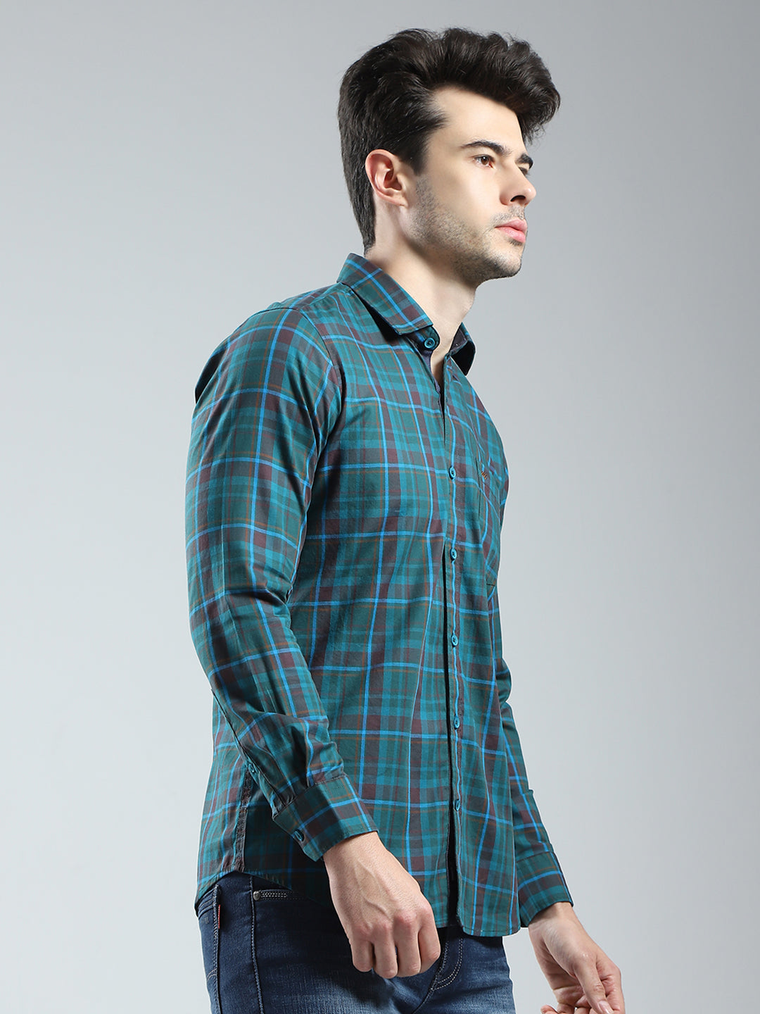 Men Green Check Collar Full Sleeve Shirt