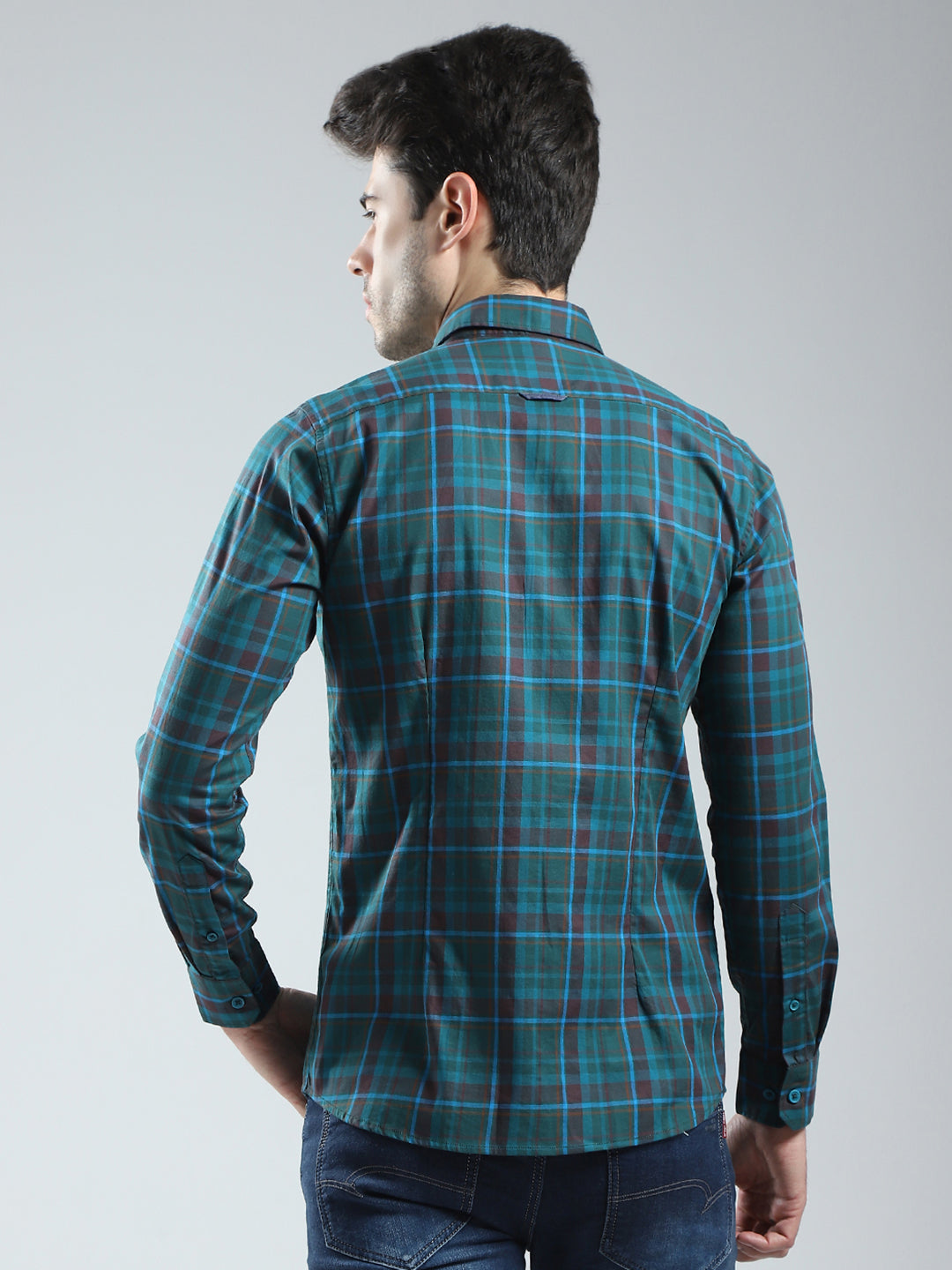 Men Green Check Collar Full Sleeve Shirt