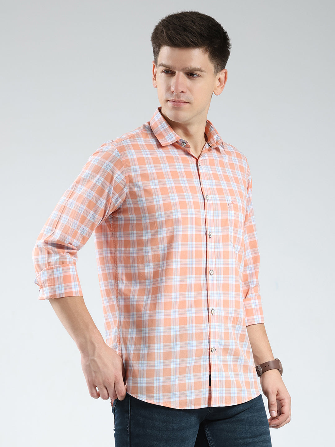 Men Orange Check Collar Full Sleeve Shirt