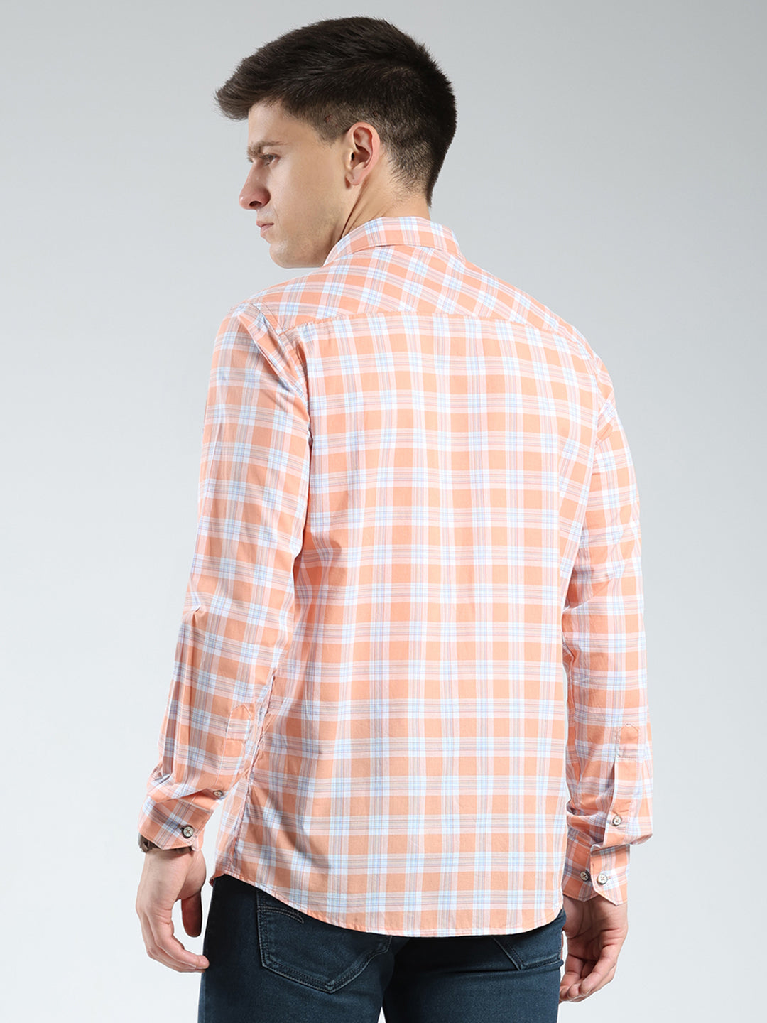 Men Orange Check Collar Full Sleeve Shirt