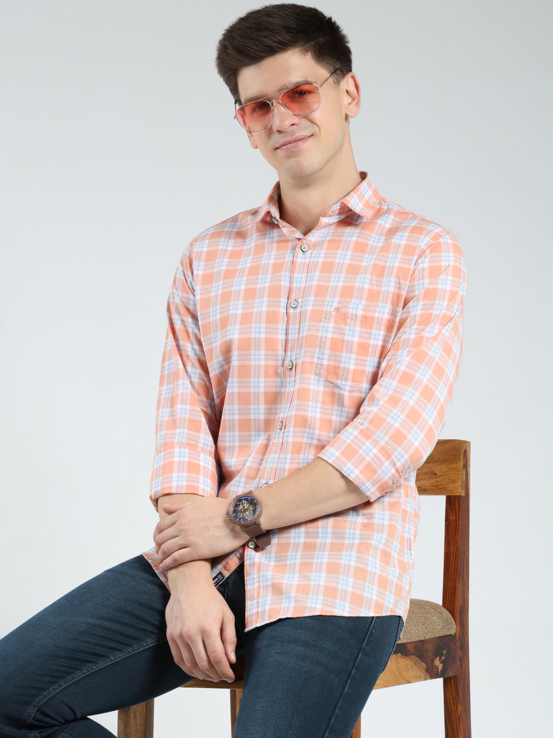 Men Orange Check Collar Full Sleeve Shirt