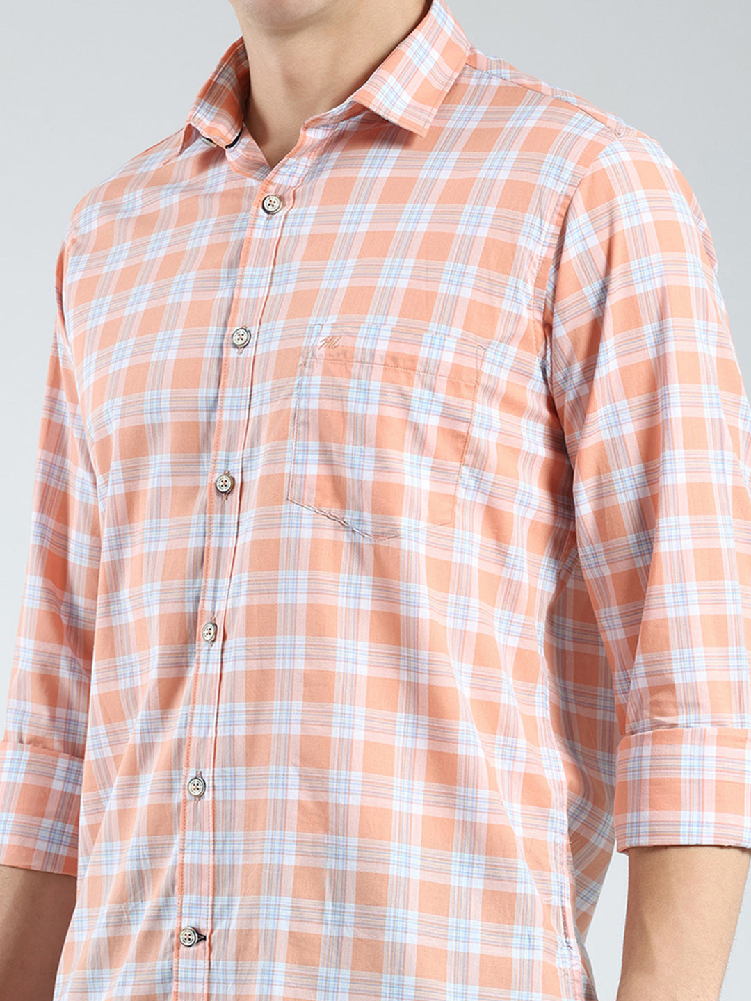 Men Orange Check Collar Full Sleeve Shirt