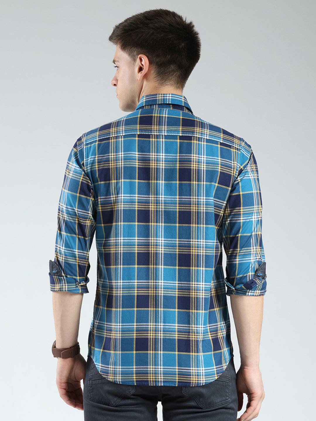 Men Blue Check Collar Full Sleeve Shirt