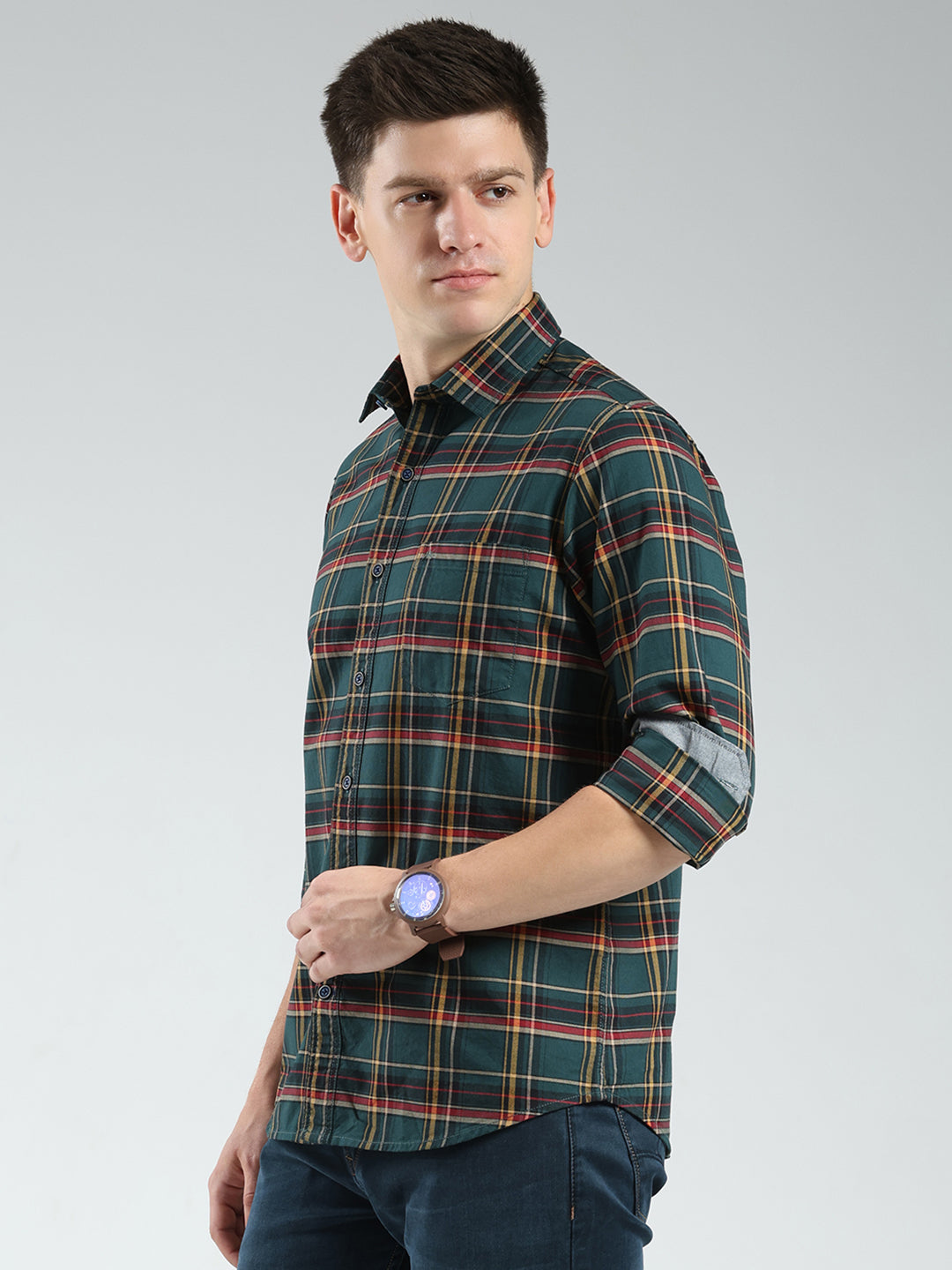 Men Green Check Collar Full Sleeve Shirt