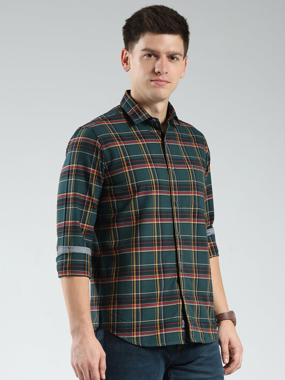 Men Green Check Collar Full Sleeve Shirt